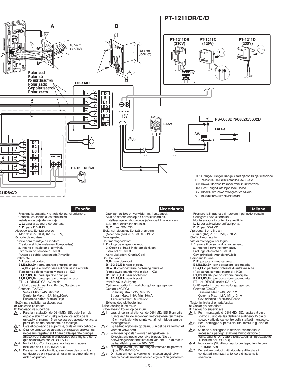 Da-1ds db-1md db-1sd, Pt-1211dr/c/d, L l d e | Aiphone DA-1DS User Manual | Page 5 / 8