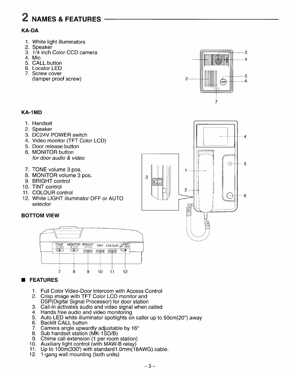 Names & features, Ka-da, Ka-1md | Bottom view, Features | Aiphone COLOR SENTRY KA-1MD User Manual | Page 3 / 8