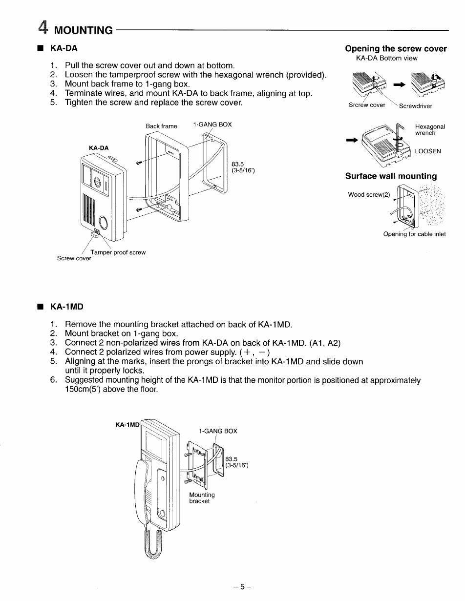 Mounting, Ka-da, Ka-1md | Aiphone COLOR SENTRY KA-1MD User Manual | Page 5 / 8