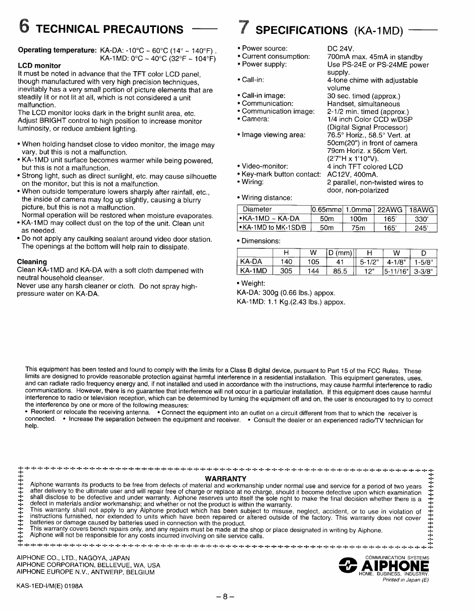 Technical precautions, Specifications (ka-1md), Aiphone | Technical precautions specifications (ka-1md) | Aiphone COLOR SENTRY KA-1MD User Manual | Page 8 / 8