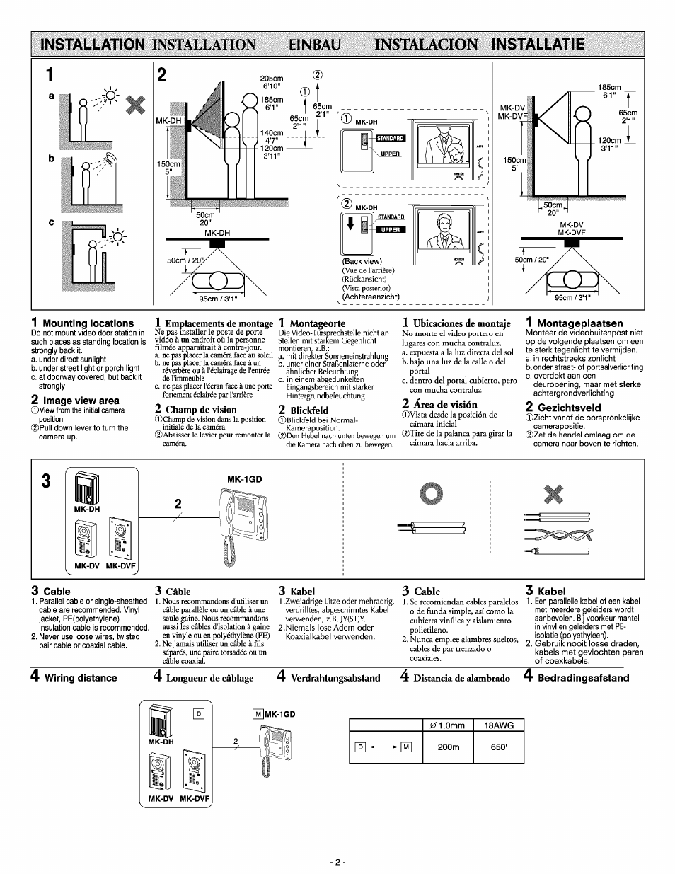 1 mounting locations, 2 image view area, 1 montageorte | 2 blickfeld, 1 montageplaatsen, 2 gezichtsveld, 3 cable, 3 kabel, Instalacion, Einbau | Aiphone Mk-Dh User Manual | Page 2 / 4