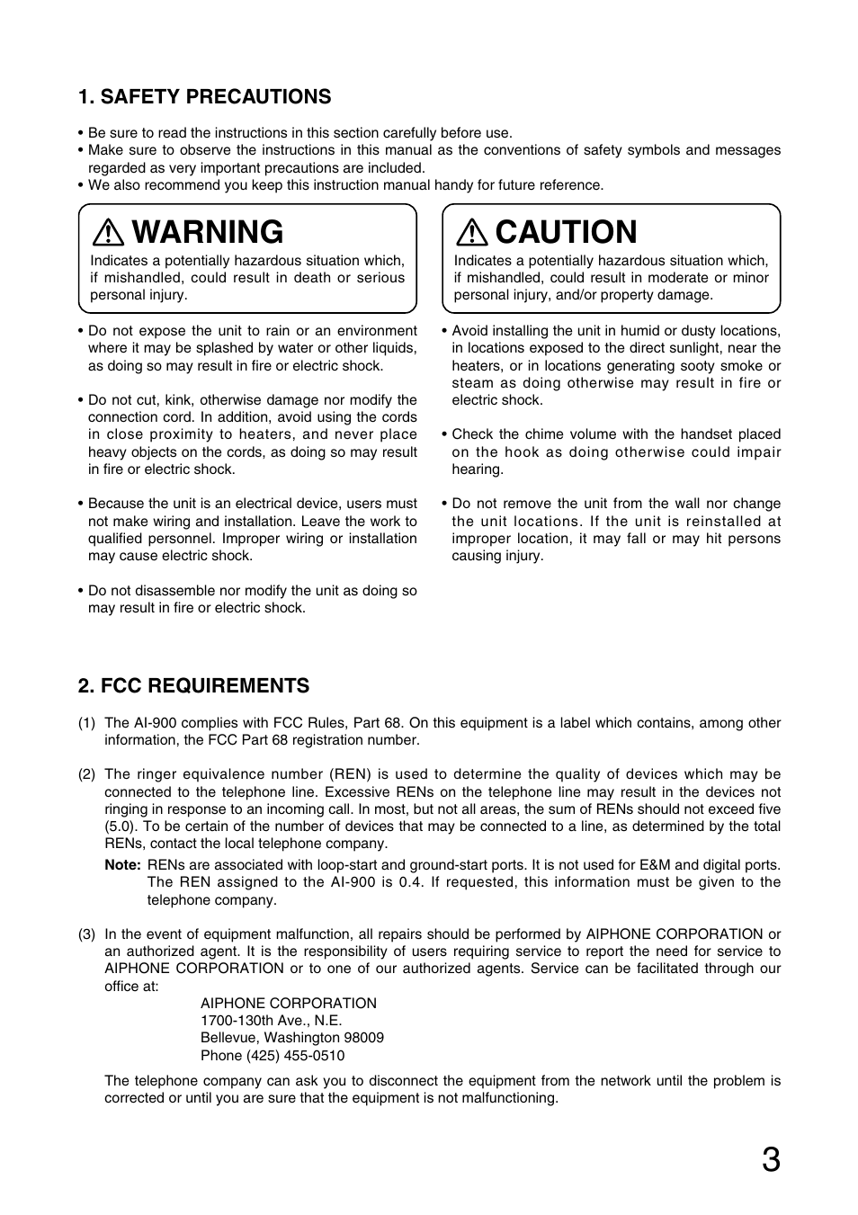 Warning, Caution, Safety precautions | Fcc requirements | Aiphone MASTER STATION AI-MS900 User Manual | Page 3 / 16