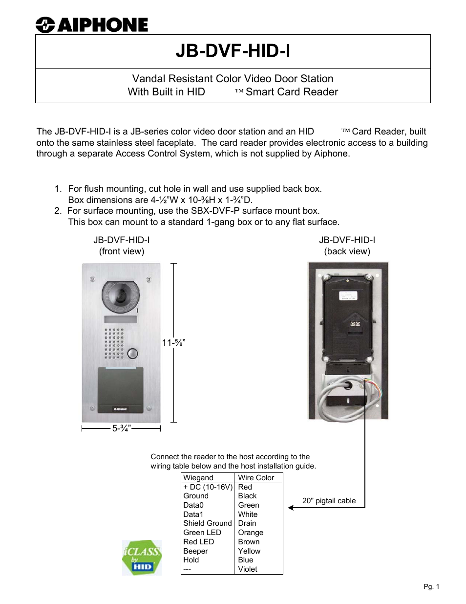 Aiphone JB-DVF-HID-I User Manual | 2 pages