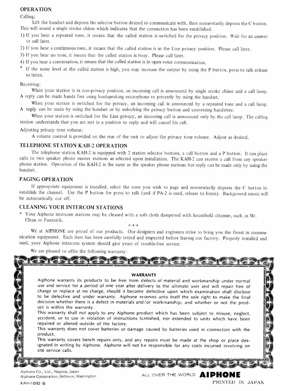 Operation, Telephone station kah-2 operation, Paging operation | Cleaning your intercom stations, Aiphone | Aiphone KAH-12 User Manual | Page 10 / 10