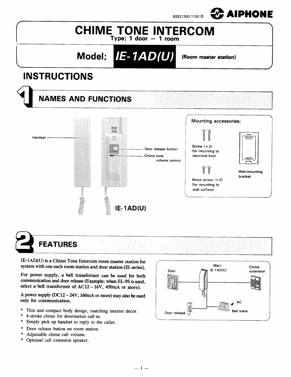 Aiphone IE-1AD(U) User Manual | 4 pages