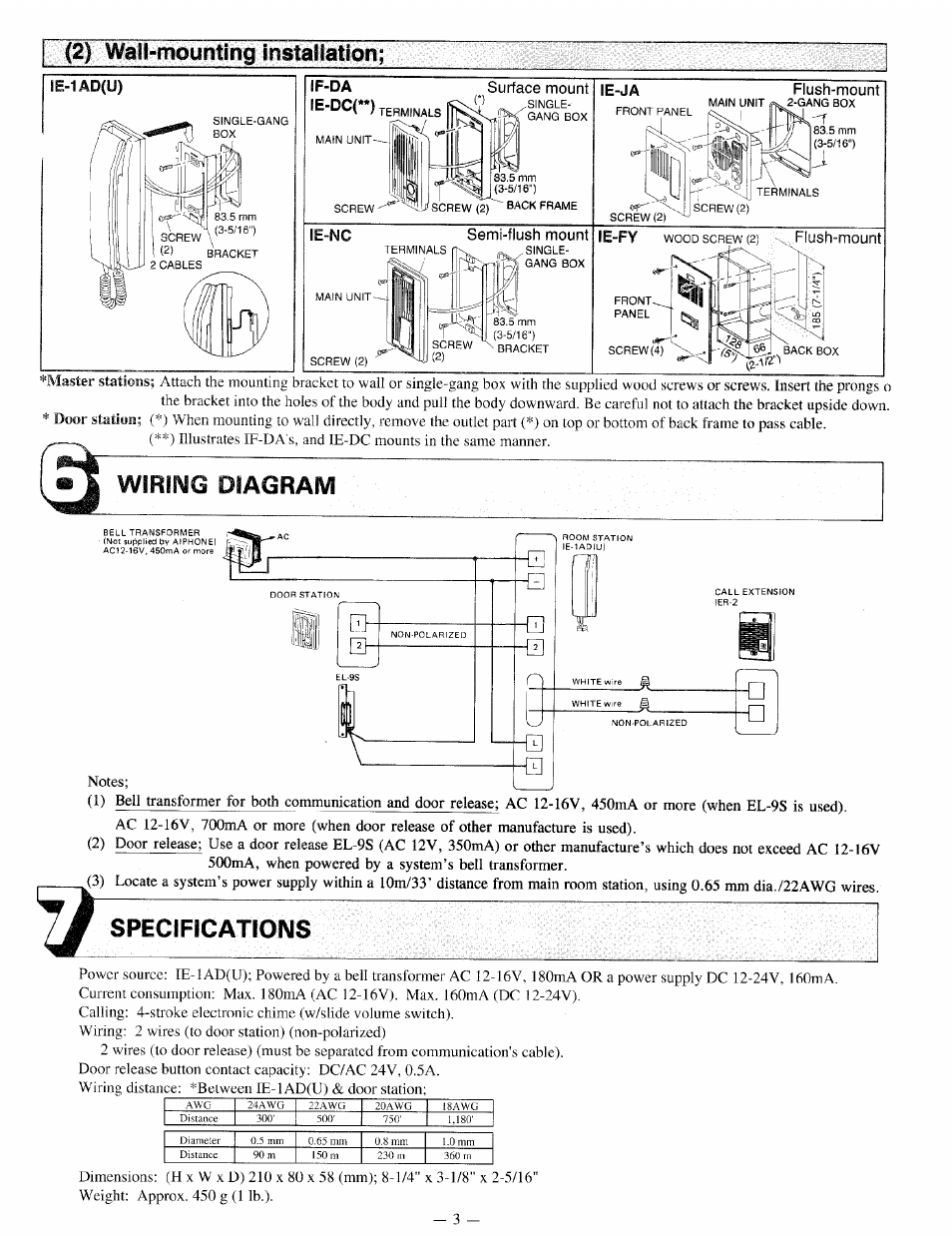 If-da ie-dc, Le-nc, Le-fy | Wiring diagraivi, Specifications, 2) wail-mounting installation, Surface mount, Semi-flush mount, Flush-mount | Aiphone IE-1AD(U) User Manual | Page 3 / 4