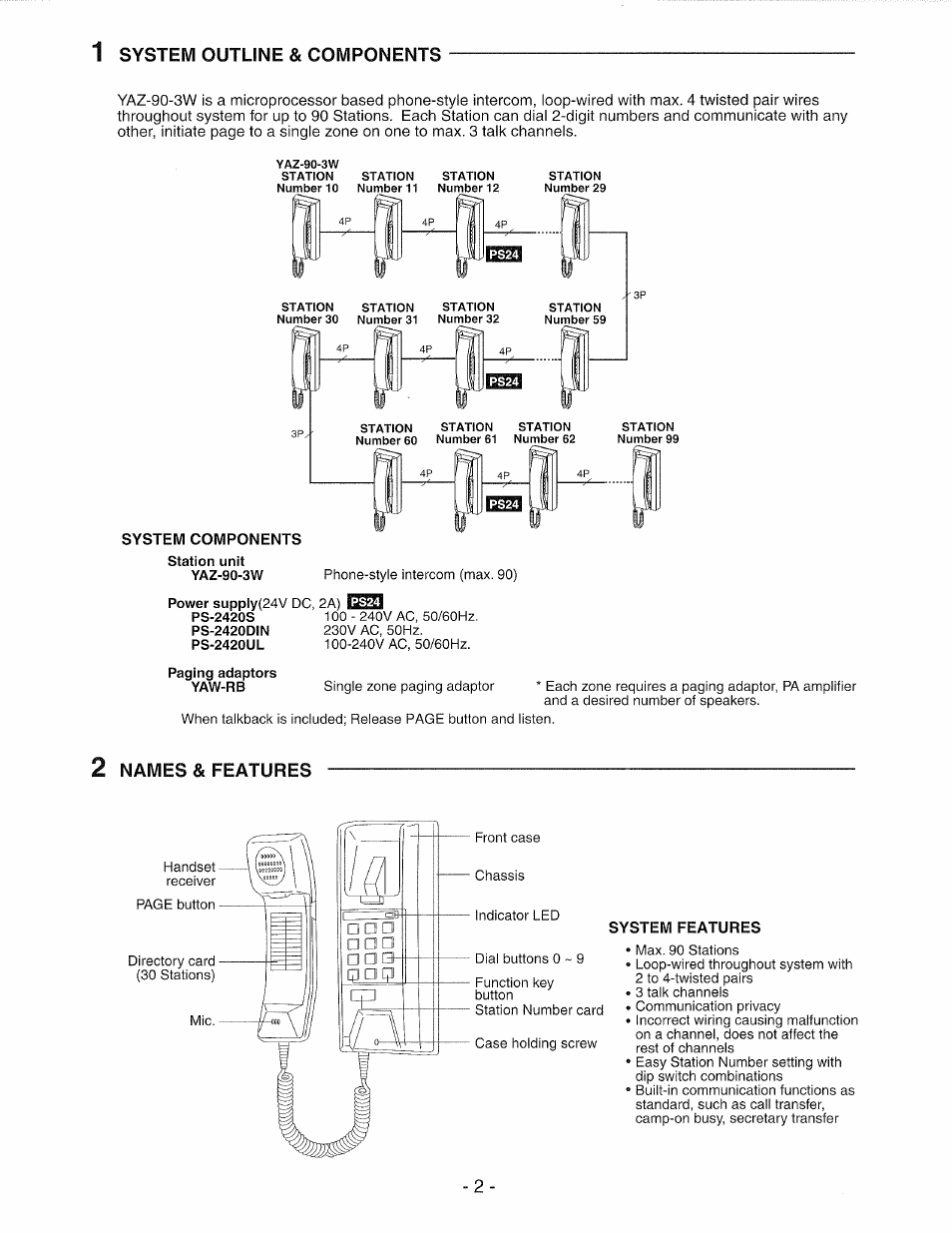 System components, System features | Aiphone YAZ-90-3W User Manual | Page 2 / 8