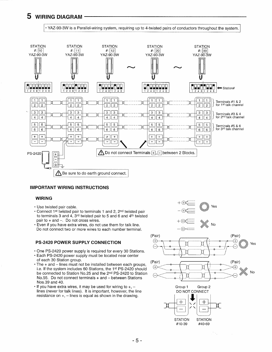 Important wiring instructions, Wiring, Ps-2420 power supply connection | N y y y, Y y y y, Q y y y, Y a y y, N y y n, S y y s, Wiring diagram | Aiphone YAZ-90-3W User Manual | Page 5 / 8