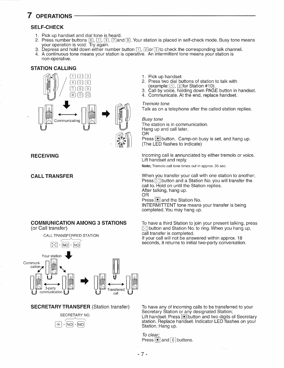 7 operations, Self-check, Station calling | Receiving, Calltransfer, Communication among 3 stations | Aiphone YAZ-90-3W User Manual | Page 7 / 8