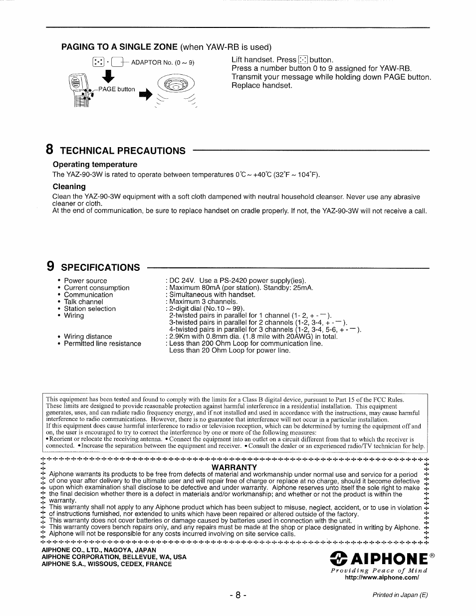 Operating temperature, Cleaning, Warranty | Aiphone YAZ-90-3W User Manual | Page 8 / 8