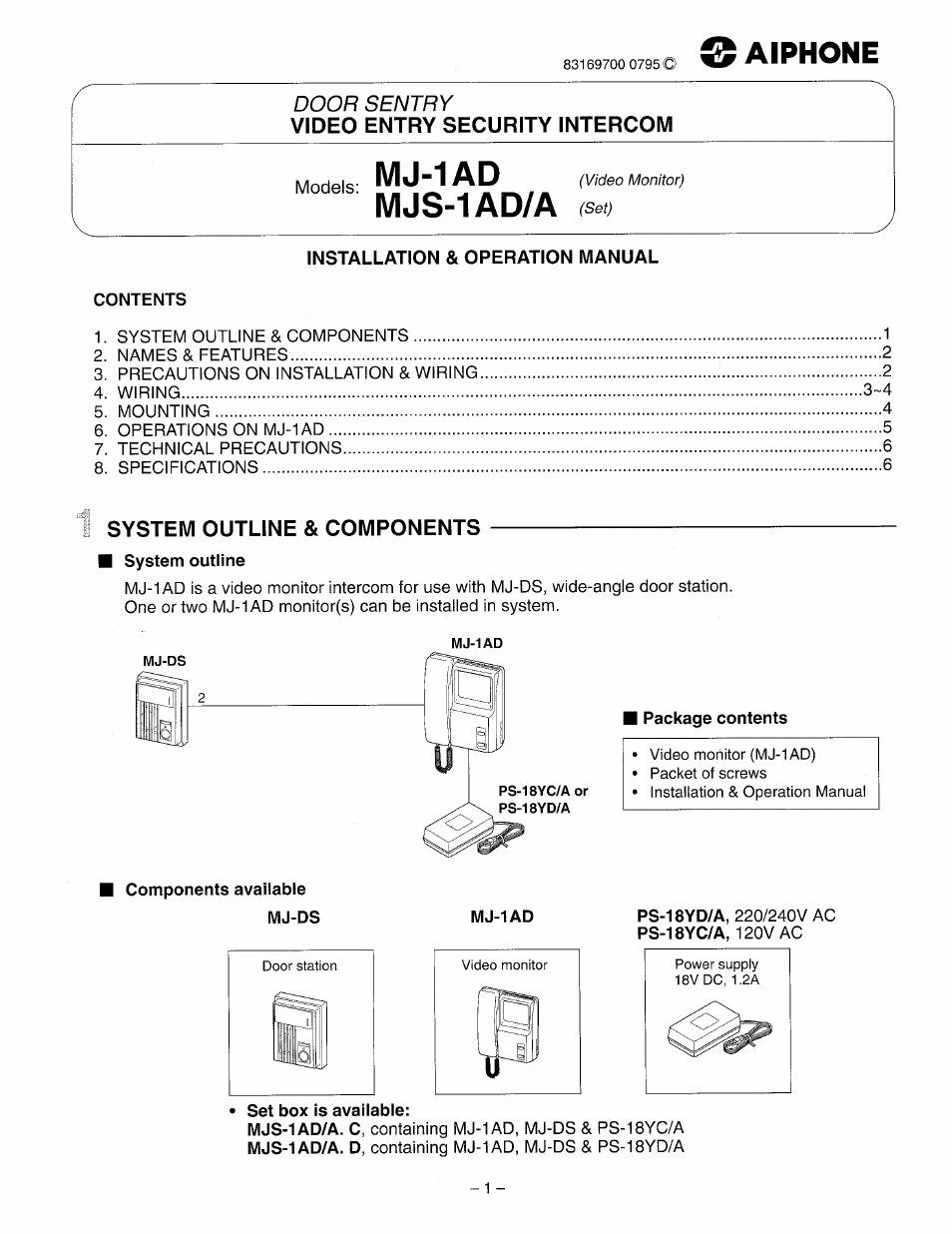 Aiphone MJ-1AD User Manual | 6 pages