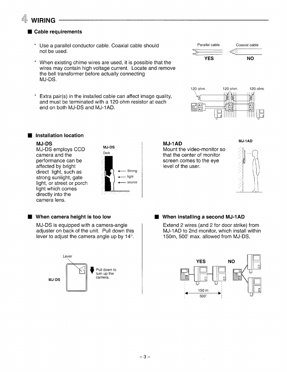 Wiring, Cable requirements, Installation location mj-ds | When camera height is too low, When installing a second mj-1 ad | Aiphone MJ-1AD User Manual | Page 3 / 6