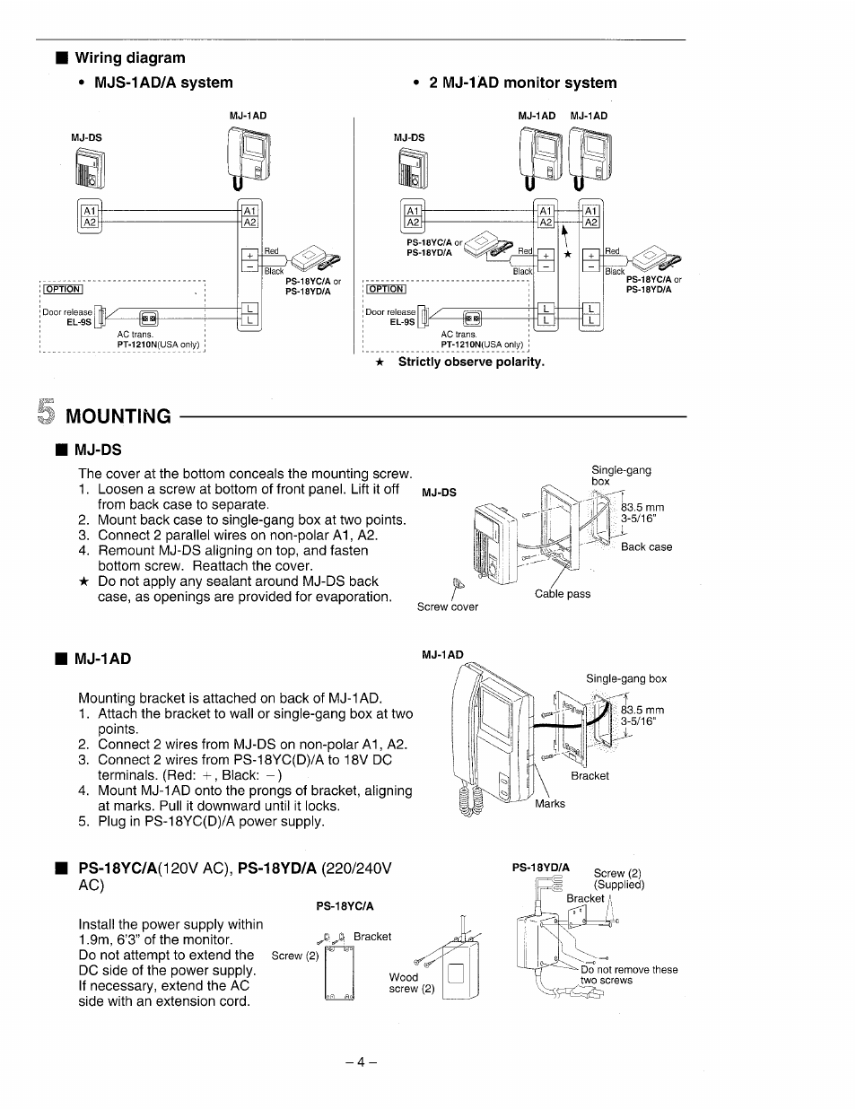 Wiring diagram • mjs-1ad/a system, Mounting, Mj-ds | Mj-1ad | Aiphone MJ-1AD User Manual | Page 4 / 6
