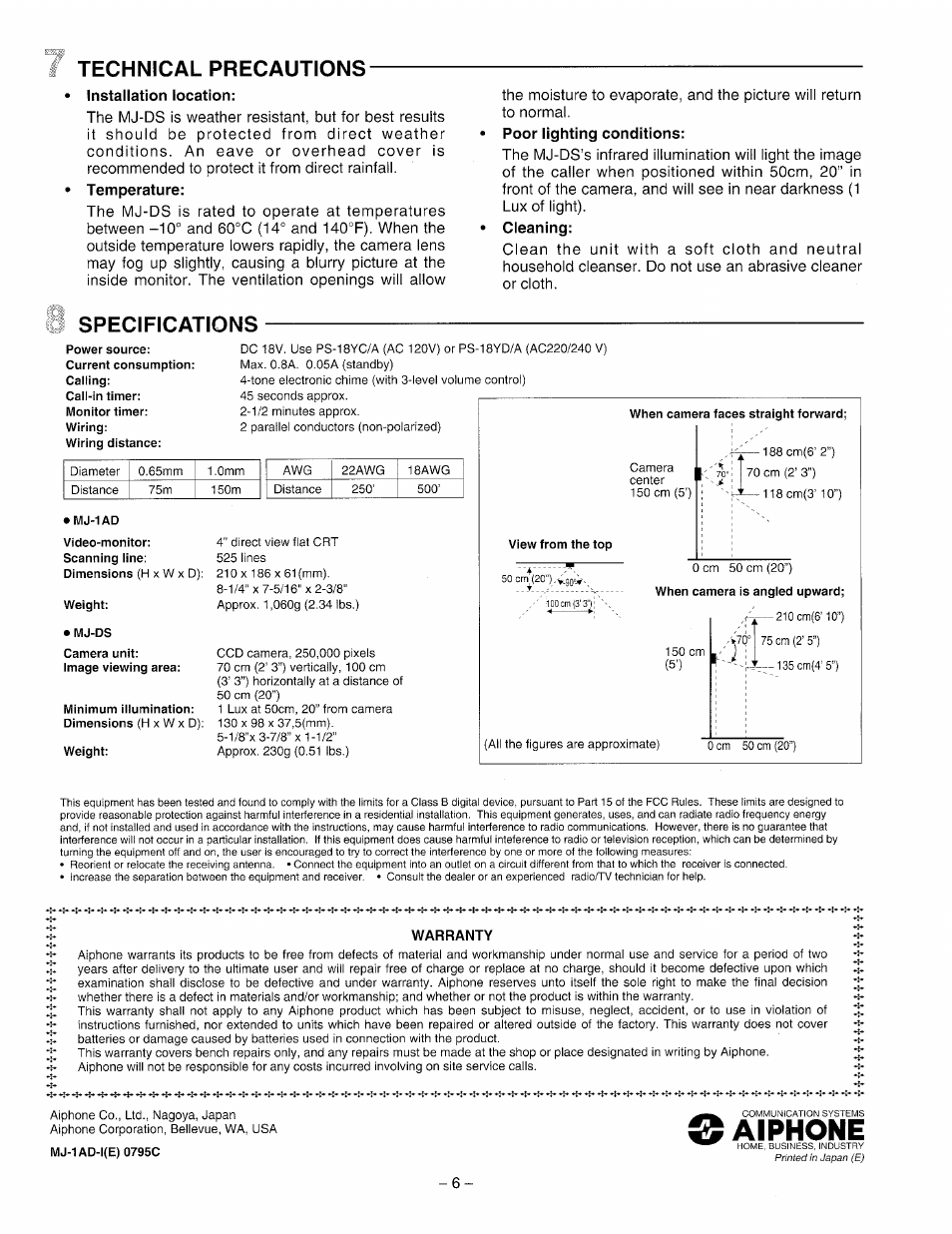 Technical precautions, Specifications, Aiphone | Aiphone MJ-1AD User Manual | Page 6 / 6