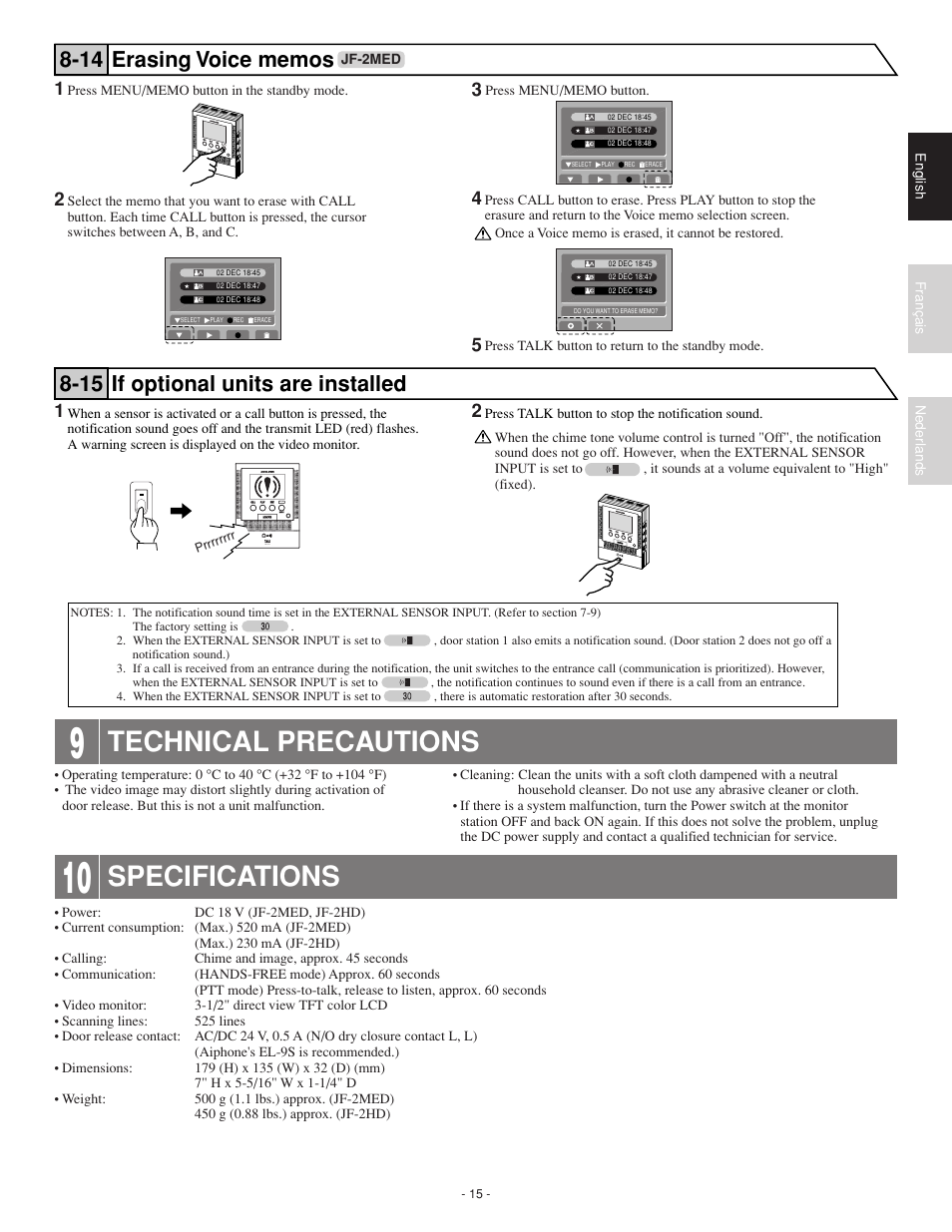 Technical precautions, Specifications | Aiphone JF-2HD User Manual | Page 15 / 16