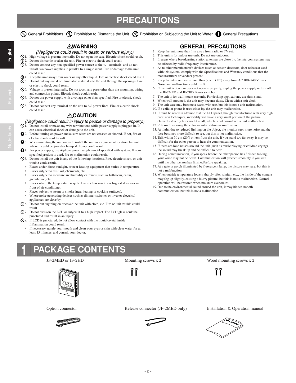 Precautions package contents, Warning, Caution | General precautions | Aiphone JF-2HD User Manual | Page 2 / 16