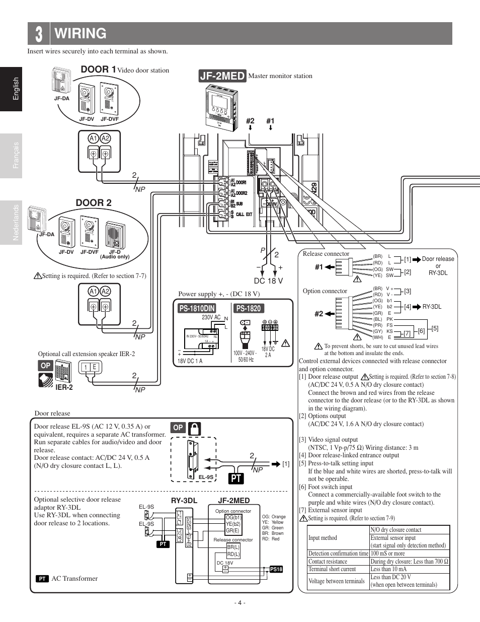 Wiring, Jf-2med, Door 2 | Door 1, Ps-1820, Ps-1810din | Aiphone JF-2HD User Manual | Page 4 / 16