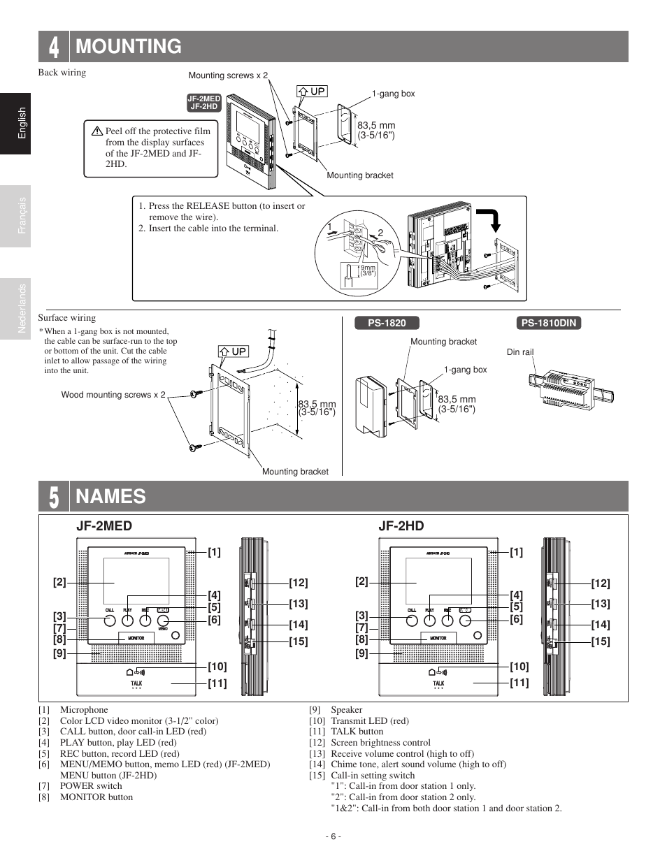 Mounting, Names | Aiphone JF-2HD User Manual | Page 6 / 16