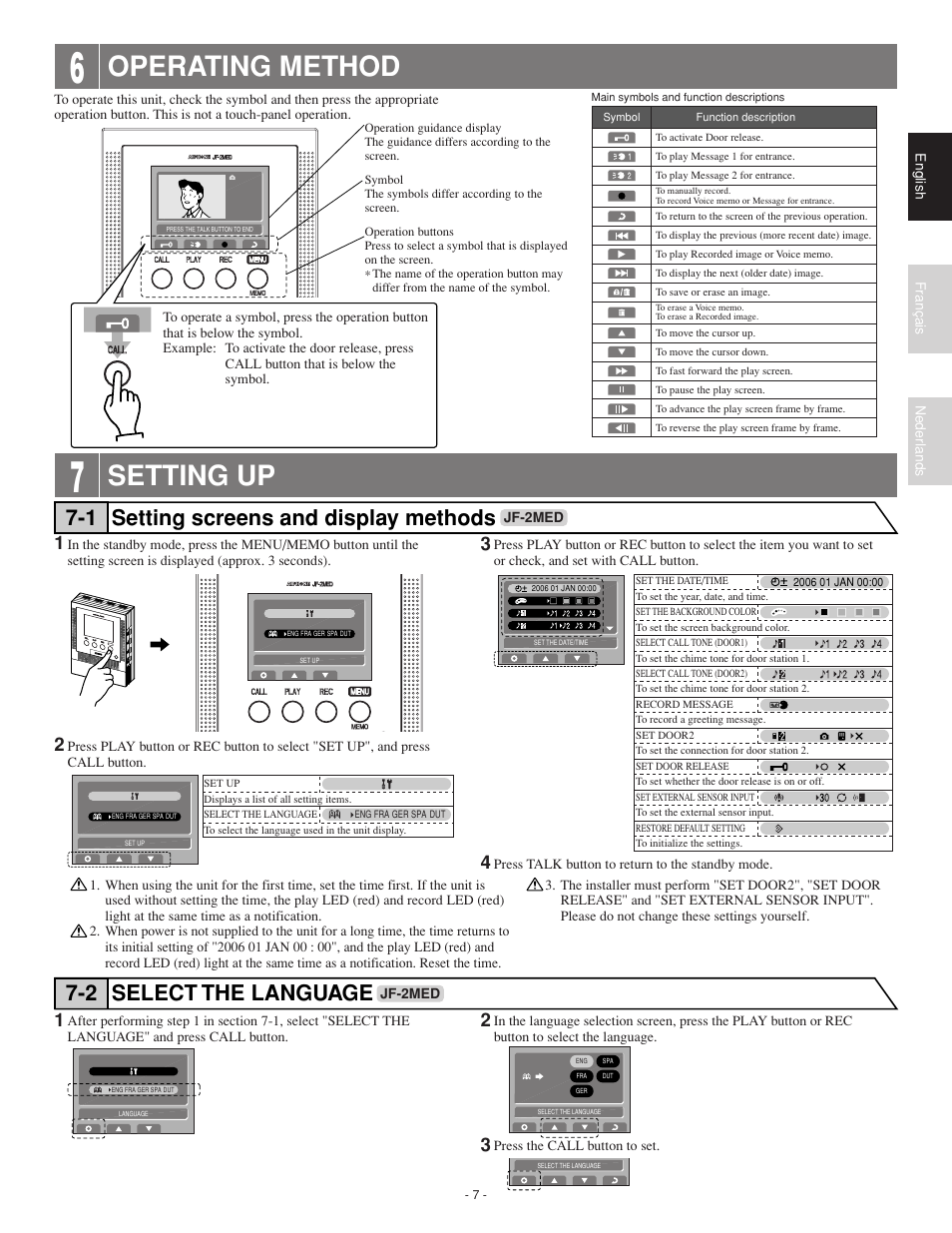 Operating method, Setting up, Setting screens and display methods 7-1 | Select the language 7-2 | Aiphone JF-2HD User Manual | Page 7 / 16