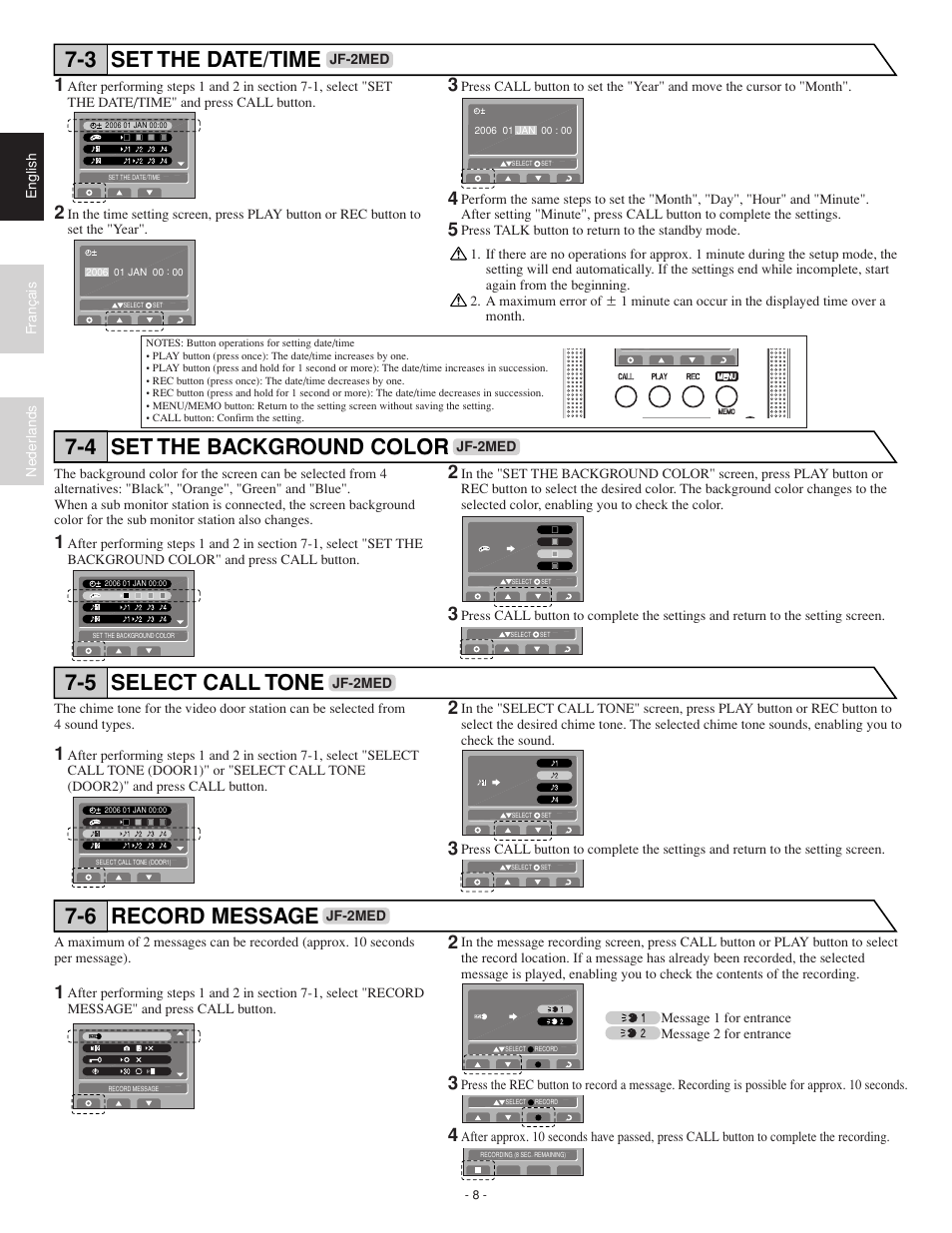Set the date/time 7-3, Set the background color 7-4, Select call tone 7-5 | Record message 7-6 | Aiphone JF-2HD User Manual | Page 8 / 16