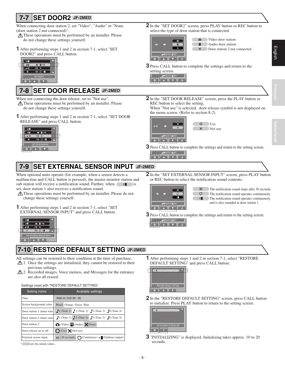 Set door release 7-8, Set external sensor input 7-9, Set door2 7-7 | Restore default setting 7-10 | Aiphone JF-2HD User Manual | Page 9 / 16