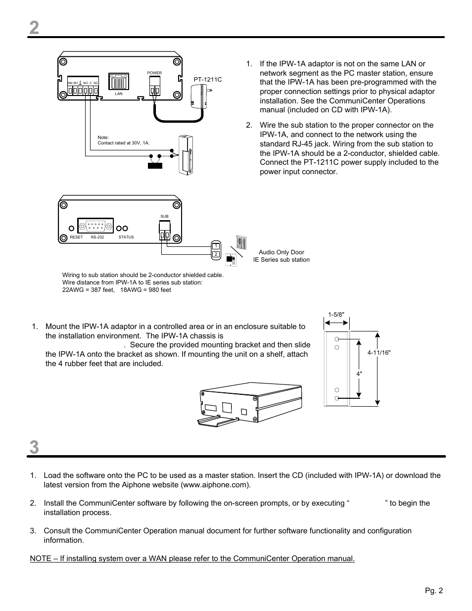 Installation & mounting, Communicenter software installation, Installation instructions | Mounting instructions | Aiphone IPW-1A User Manual | Page 2 / 4