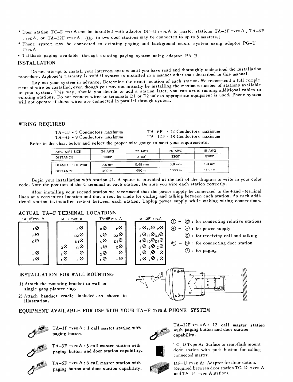 Installation, Wiring required, Actual ta-f terminal locations | Installation for wall mounting, Equipment available for use with your ta-f, A phone system, Aand ta—f, A stations | Aiphone TA-1F User Manual | Page 2 / 8