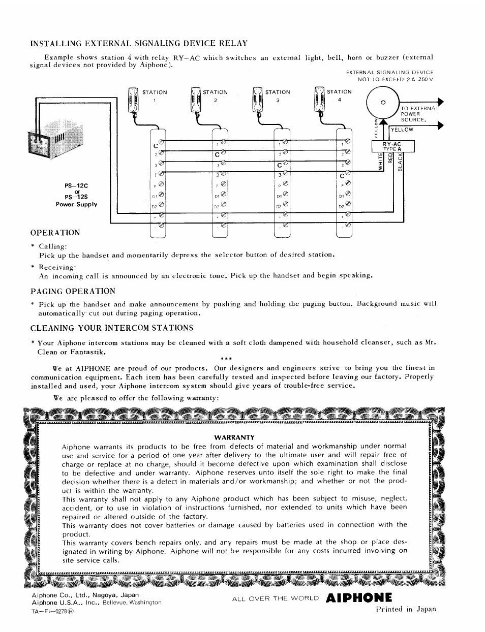 Installing external signaling device relay, Paging operation, Cleaning your intercom stations | Aiphone, Printed in japan | Aiphone TA-1F User Manual | Page 8 / 8