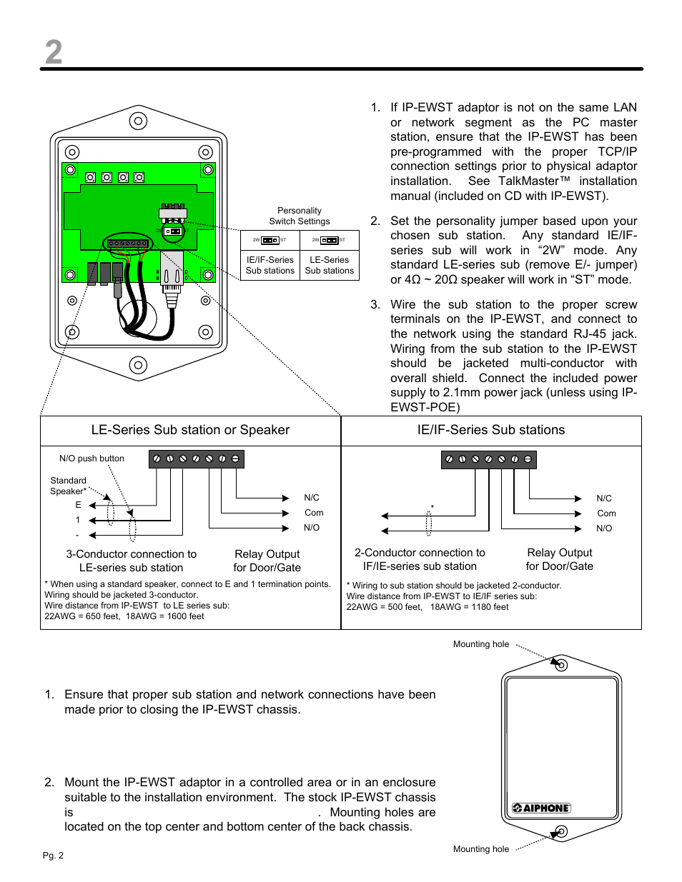 Installation & mounting, Installation instructions, Mounting instructions | Ie/if-series sub stations, Le-series sub station or speaker | Aiphone IP-EWST User Manual | Page 2 / 4