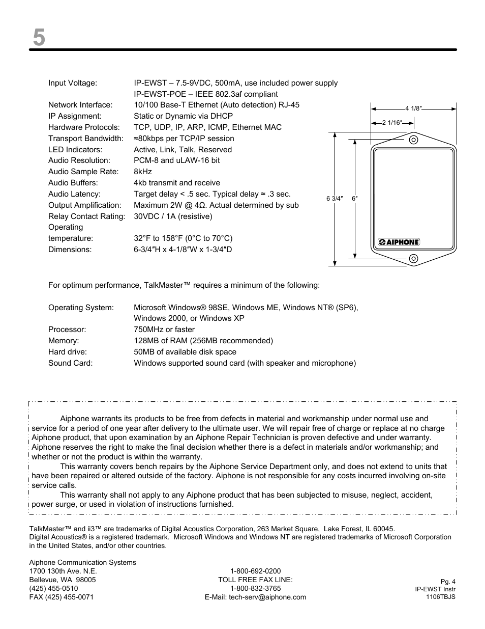 Specifications | Aiphone IP-EWST User Manual | Page 4 / 4