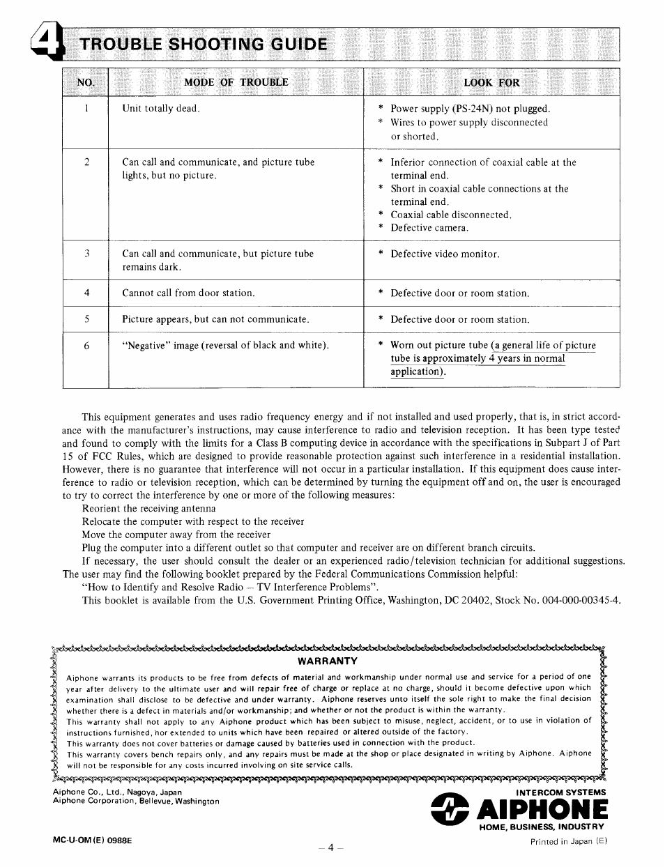 Trouble shooting guide, Warranty, Aiphone | Aiphone MC-U User Manual | Page 4 / 4