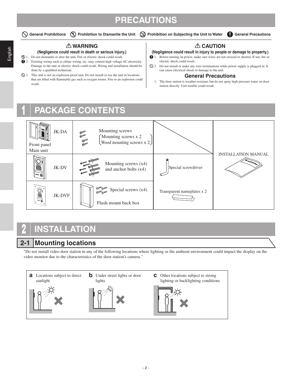 Precautions, Package contents, Installation | 1 mounting locations | Aiphone JK-DA User Manual | Page 2 / 8