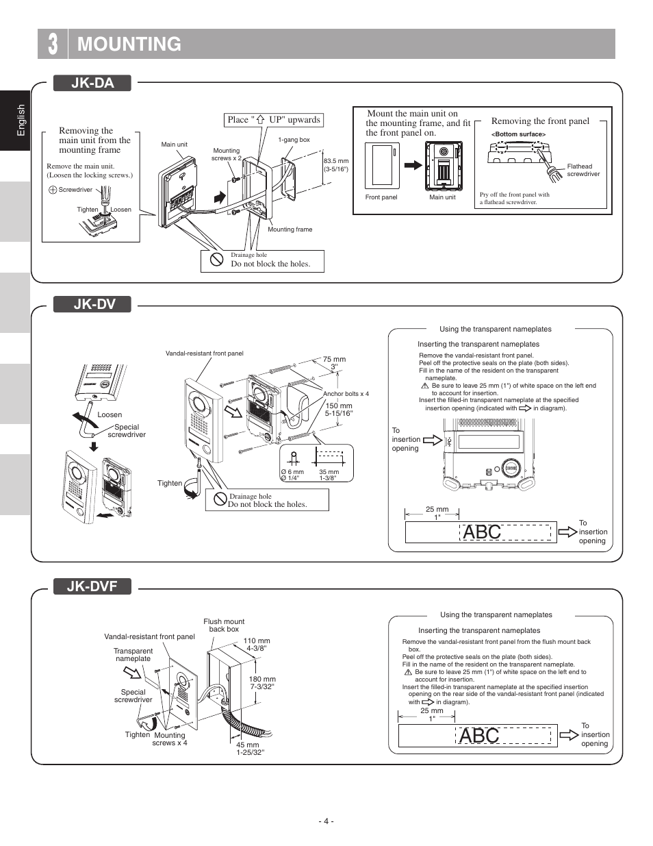 Mounting, Jk-dvf, Jk-da | Jk-dv | Aiphone JK-DA User Manual | Page 4 / 8