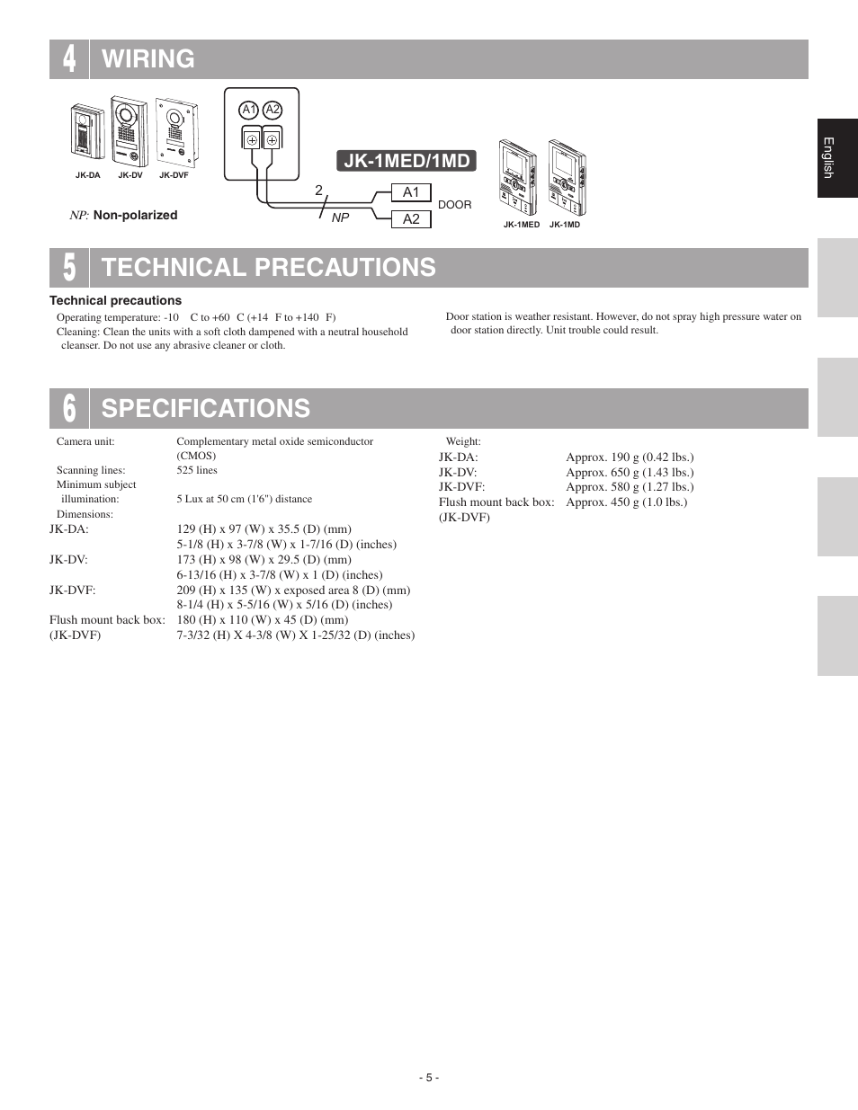 Specifications, Wiring, Technical precautions | Jk-1med/1md | Aiphone JK-DA User Manual | Page 5 / 8