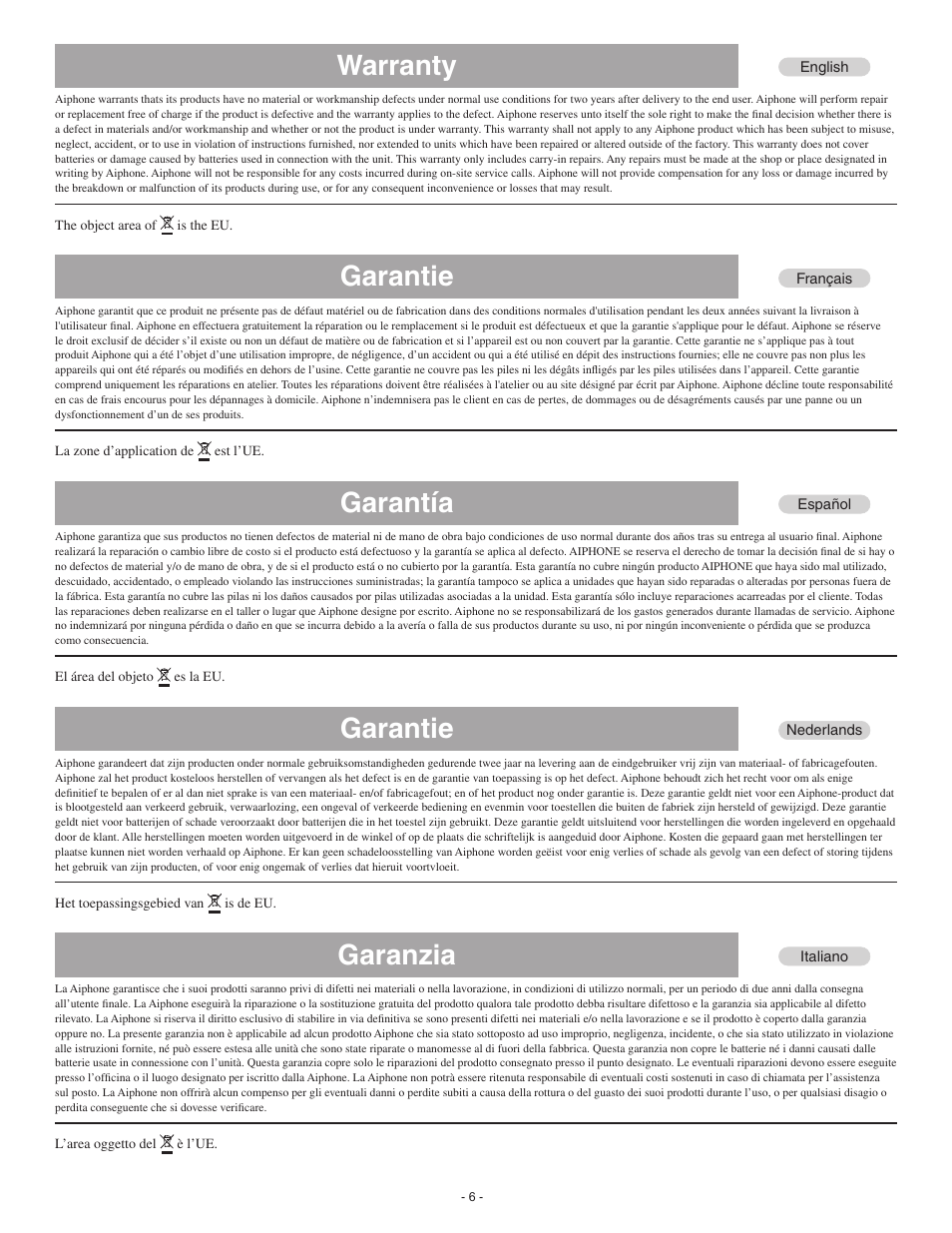 Warranty, Garantie, Garantía | Garanzia | Aiphone JK-DA User Manual | Page 6 / 8