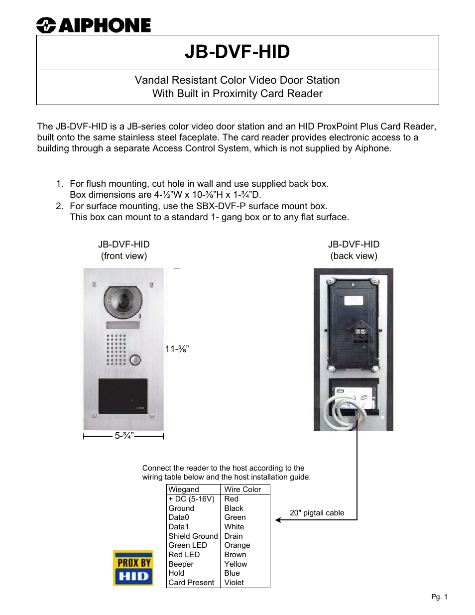 Aiphone JB-DVF-HID User Manual | 2 pages