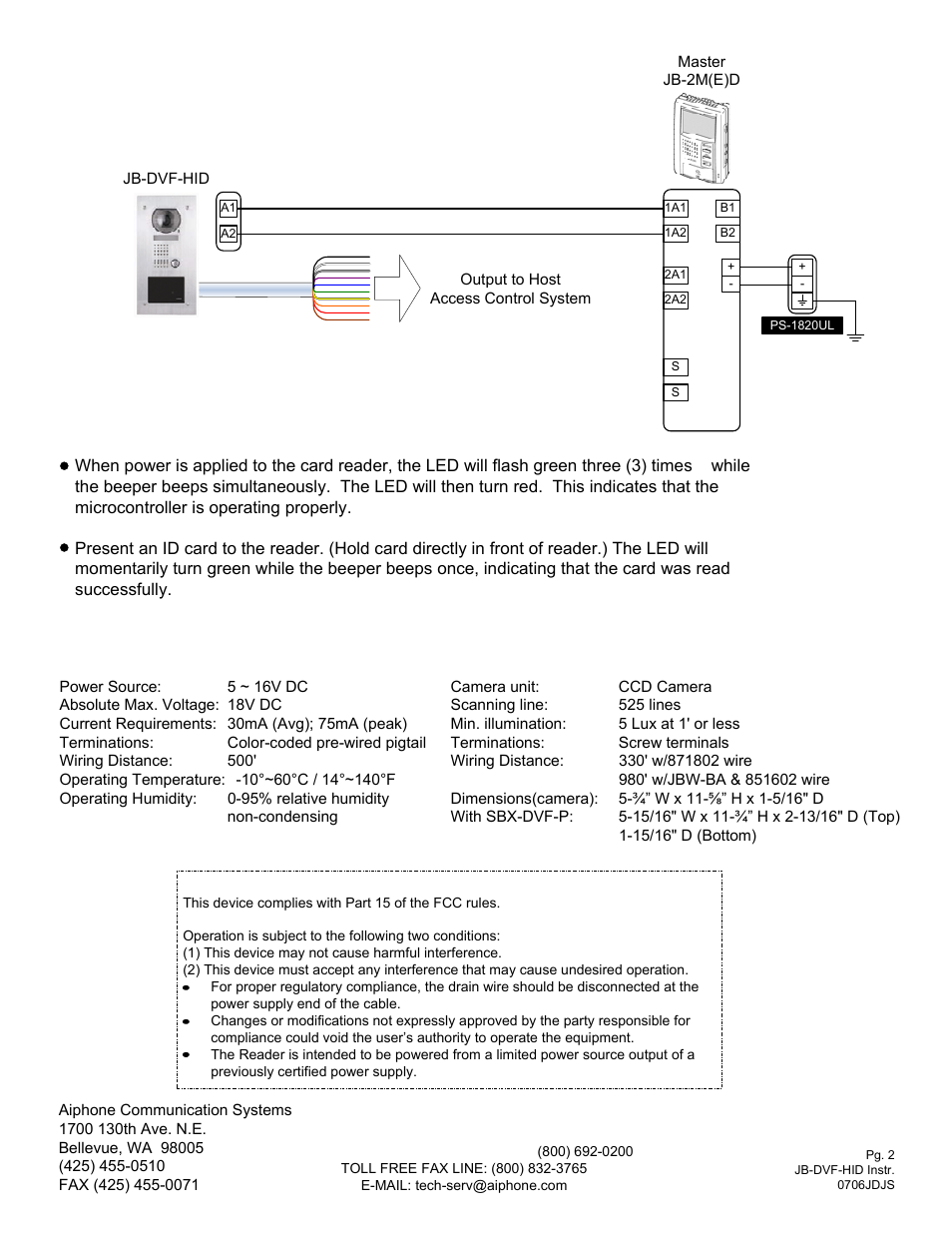 Wiring diagram: testing and operation, Specifications | Aiphone JB-DVF-HID User Manual | Page 2 / 2