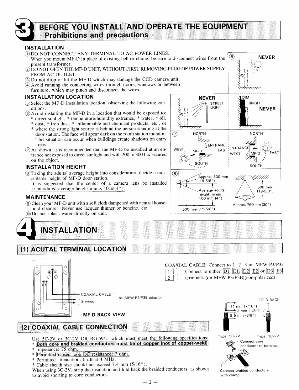 Never, Iimstallatioim, Installation location | Installation height, Maintenance, 1) acutal terminal location, 2) coaxial cable connection, Y/////a, Installation, Terminals (on mfw-p3/p3b)(non-polarized) | Aiphone IE VIDEO DOOR STATION MF-D User Manual | Page 2 / 4