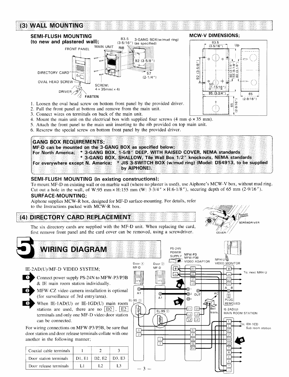 3) wall mounting, Semi-flush mounting (to new and plastered wall), Gang box requirements | Semi-flush mounting (in existing constructions), 4) directory card replacement, Wiring diagram | Aiphone IE VIDEO DOOR STATION MF-D User Manual | Page 3 / 4