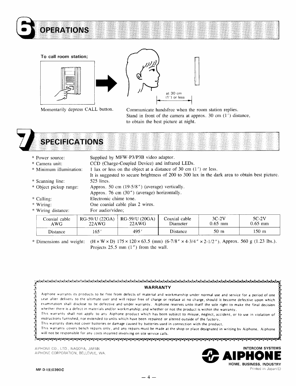 Warranty, Aiphone | Aiphone IE VIDEO DOOR STATION MF-D User Manual | Page 4 / 4