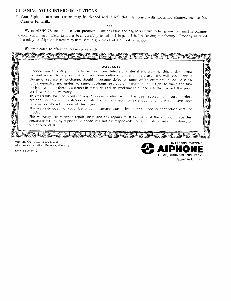 Cleaning your intercom stations | Aiphone LAR-2 User Manual | Page 2 / 2