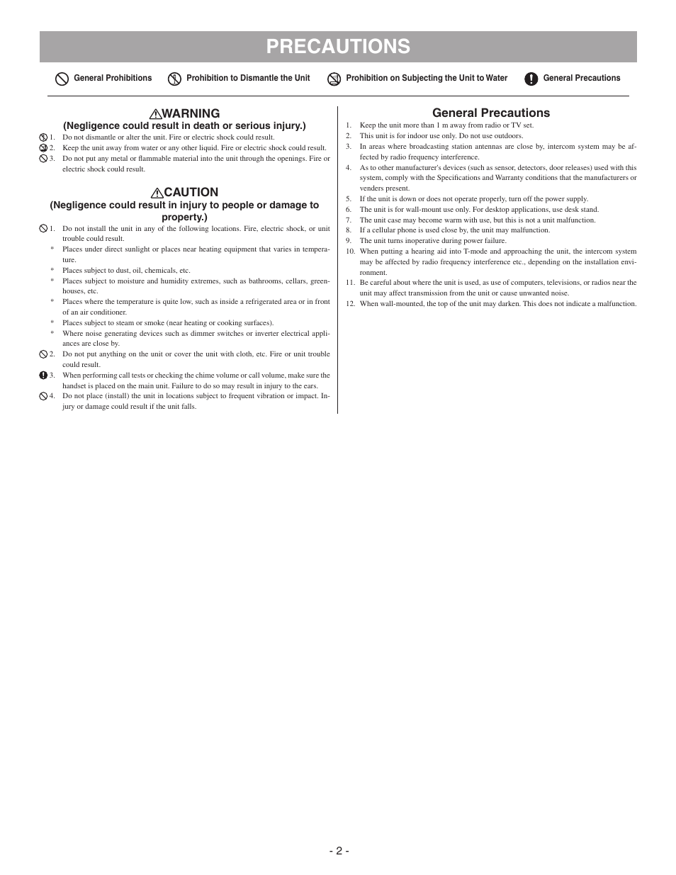 Precautions, Warning, Caution | General precautions | Aiphone GT-1D User Manual | Page 2 / 8