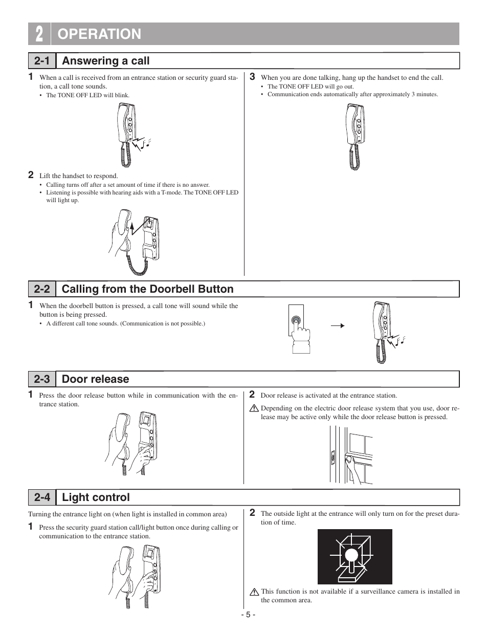Operation, Answering a call 2-1, Light control 2-4 | Aiphone GT-1D User Manual | Page 5 / 8