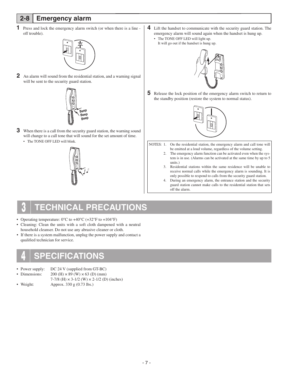 Technical precautions, Specifications, Emergency alarm 2-8 | Aiphone GT-1D User Manual | Page 7 / 8