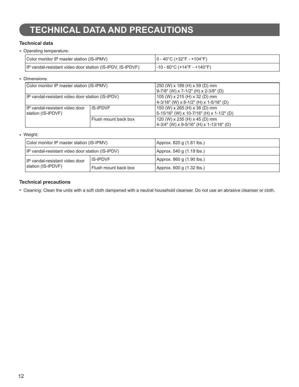 Technical data and precautions | Aiphone FK1628 B P0811JZ User Manual | Page 12 / 16
