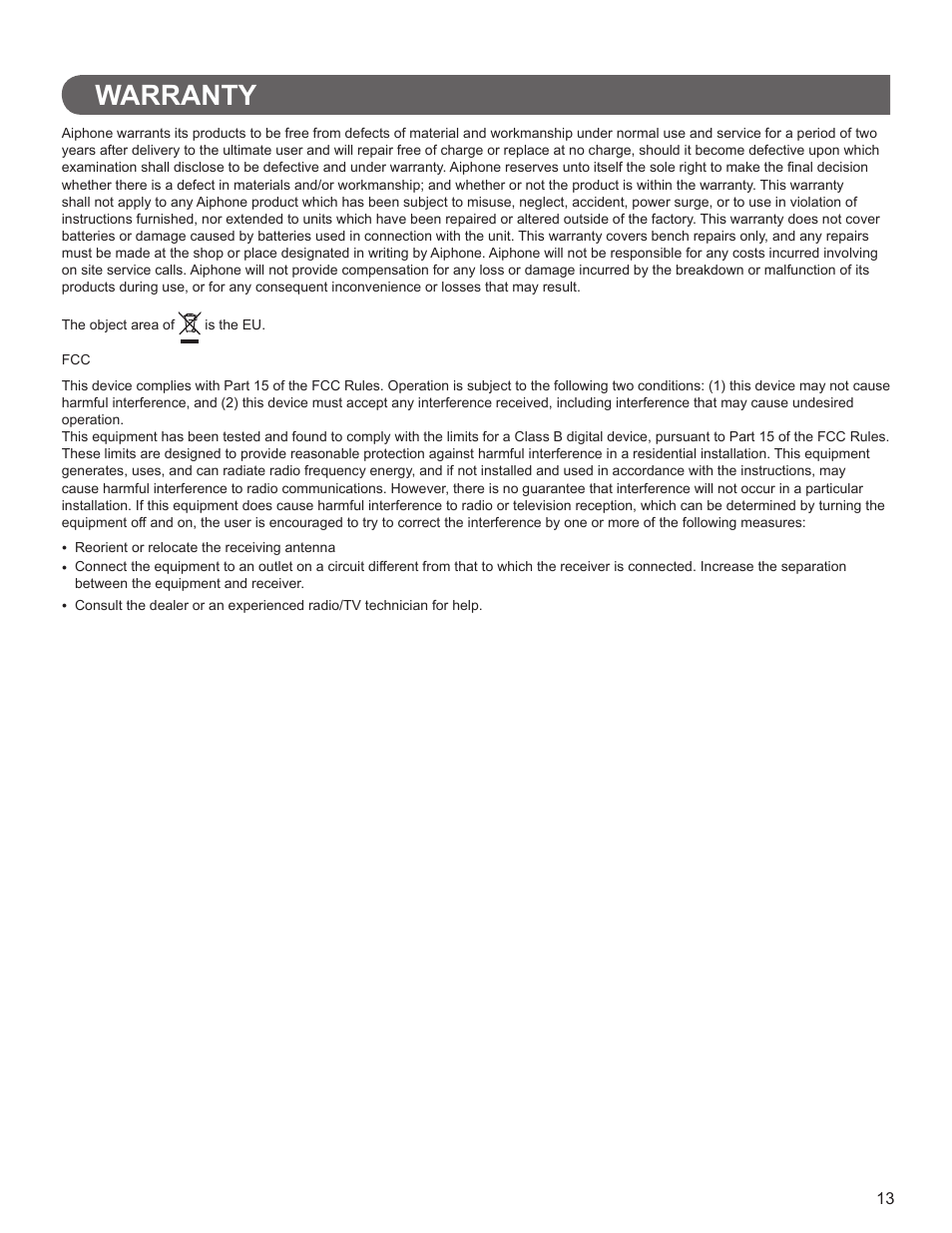 Warranty | Aiphone FK1628 B P0811JZ User Manual | Page 13 / 16