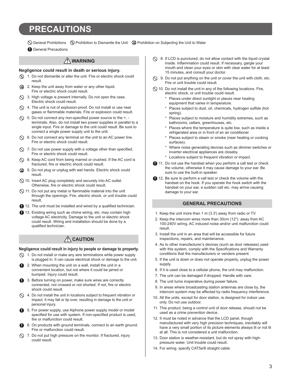 Precautions | Aiphone FK1628 B P0811JZ User Manual | Page 3 / 16