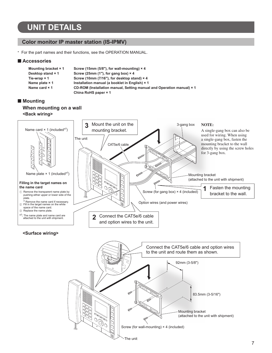 Unit details, Color monitor ip master station (is-ipmv), Accessories | Mounting when mounting on a wall | Aiphone FK1628 B P0811JZ User Manual | Page 7 / 16