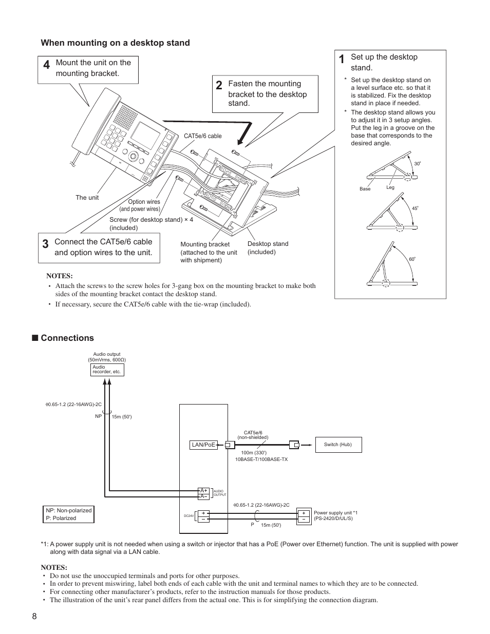When mounting on a desktop stand, Connections | Aiphone FK1628 B P0811JZ User Manual | Page 8 / 16