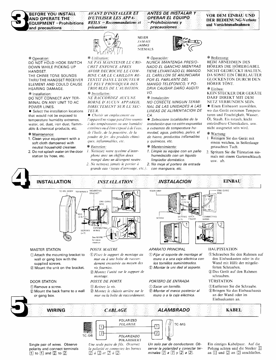 Installation, Wiring, Kabel | Isst.4lla tion, Cablage, Instalacion einbau, Alambrado kabel | Aiphone TC-MC User Manual | Page 2 / 4